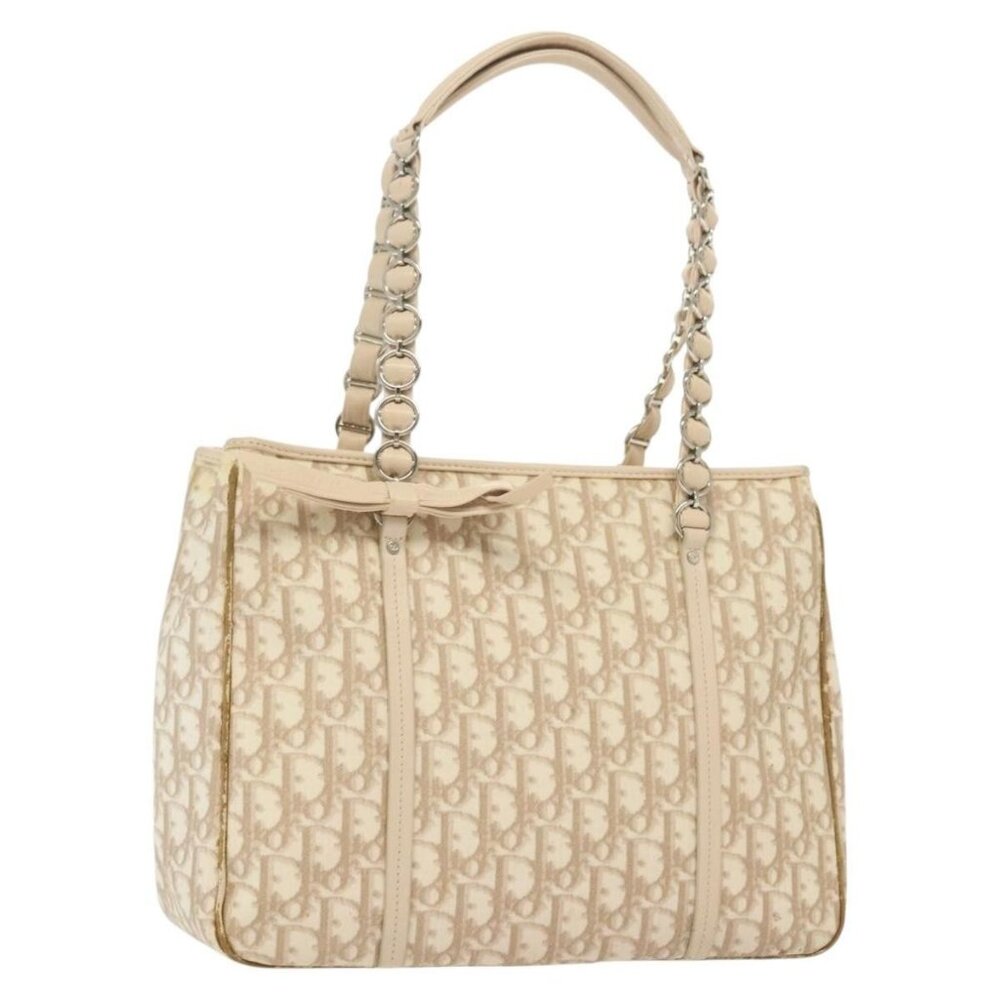 Christian Dior Trotter Canvas Romantic Chain Tote Bag PVC Beige Auth 140098 - Picture 1 of 16